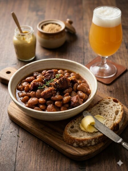 biała fasola w stylu Nowej Anglii z wędzonym boczkiem i słodko-słonym sosem