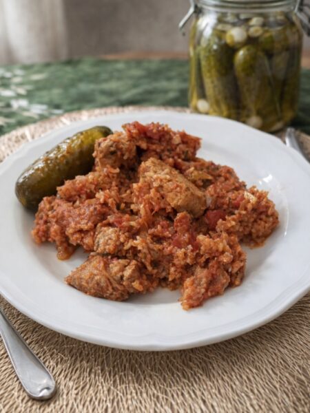 Schab z ryżem duszony w sosie z pomidorów, ziół i białego wina