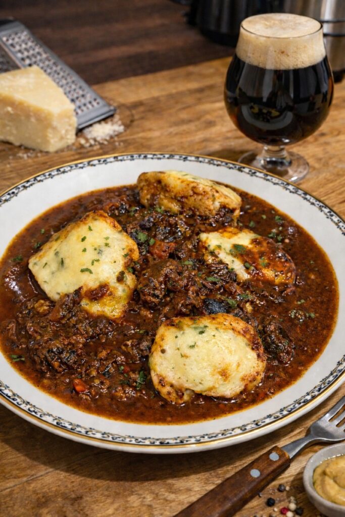 Wolno gotowane policzki wołowe w piwie porter z knedlami na maślance i parmezanie