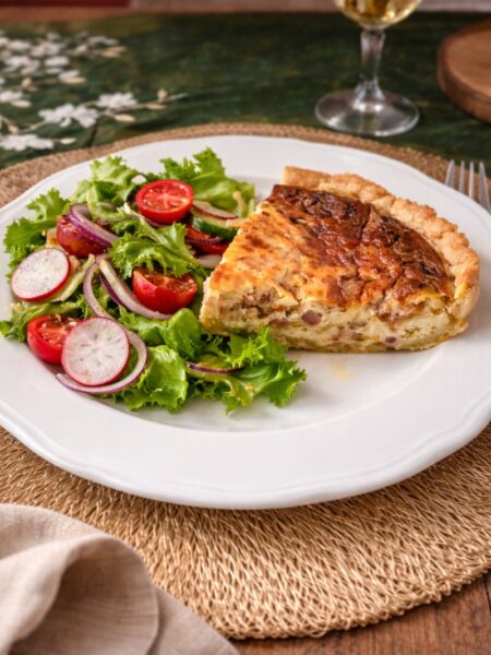Quiche (tarta) z cykorią i boczkiem oraz chrupiącą sałatką zieloną