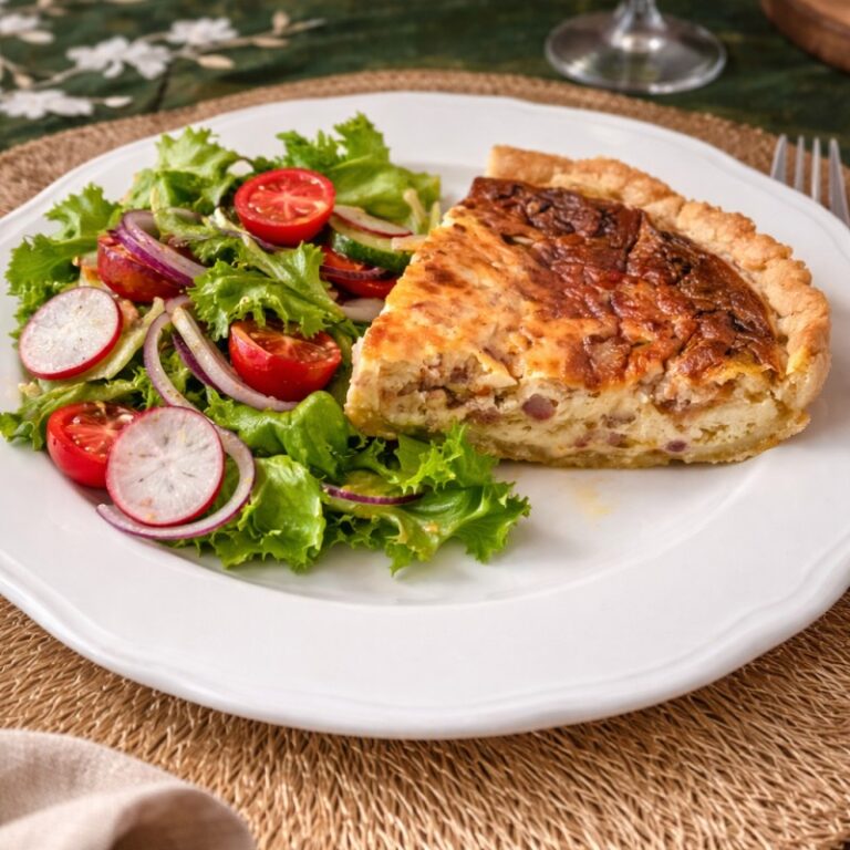 Quiche (tarta) z cykorią i boczkiem oraz chrupiącą sałatką zieloną