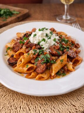 Makaron z chorizo, suszonymi pomidorami i szalotką