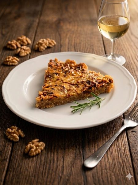 Tarta serowo-cebulowa z boczkiem na spodzie z orzechów włoskich