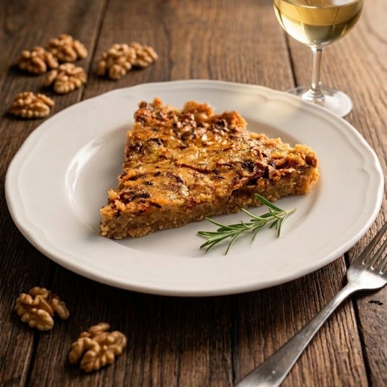 Tarta serowo-cebulowa z boczkiem na spodzie z orzechów włoskich